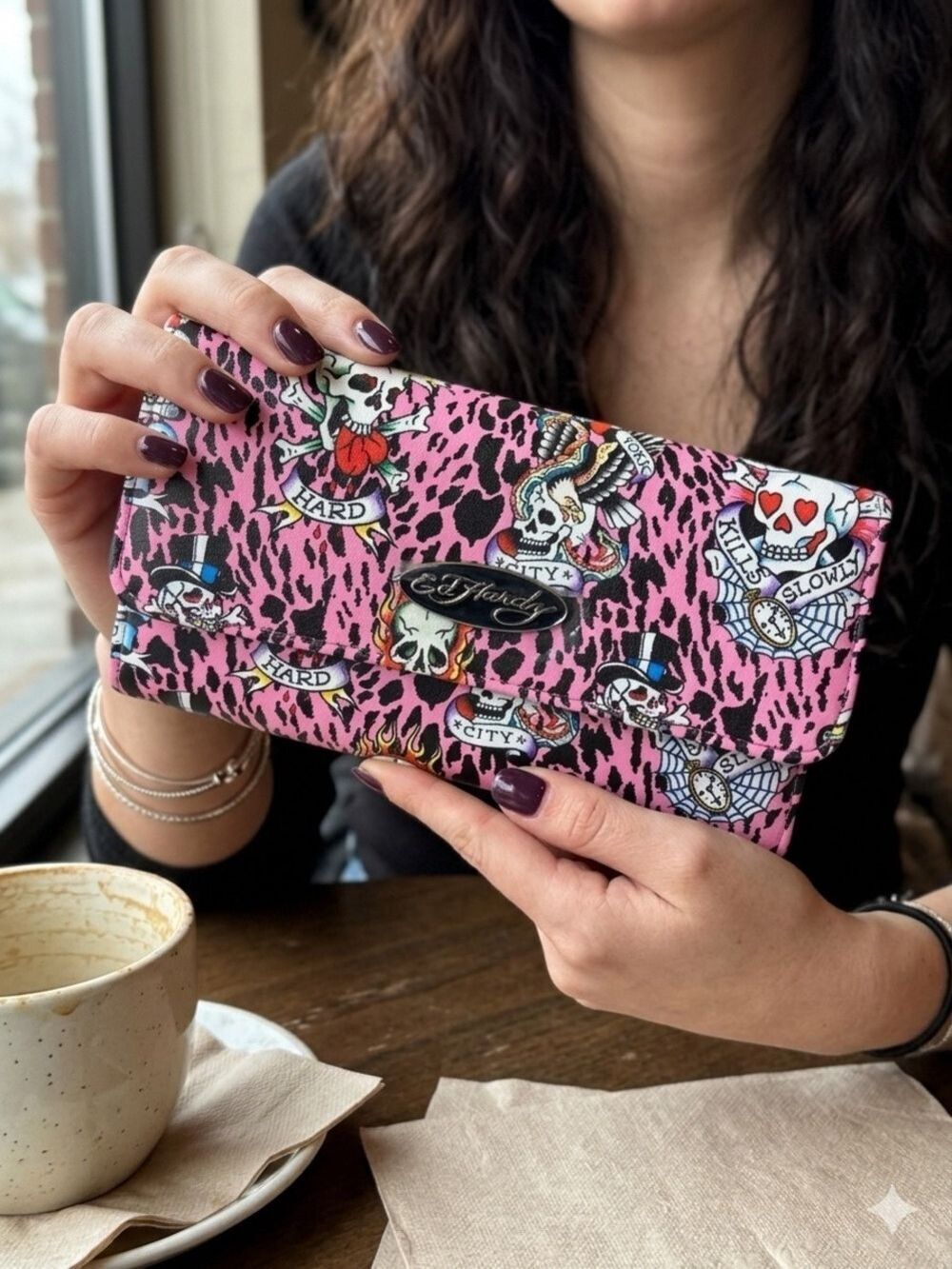 Ed Hardy Pink Tattoo Print Clutch Wallet NWT